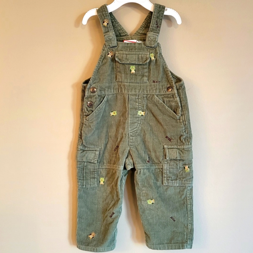 Green corduroy overalls with embroidered owl print